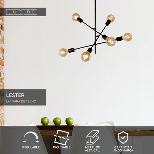 Lucide LESTER - Lámpara de techo - 6xE27 - Negro - USP